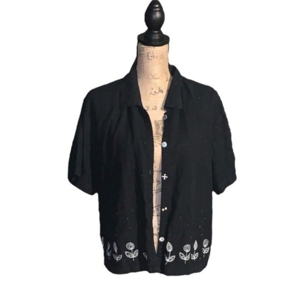Usindo Blouse Top Linen Blend Button Down Short Sleeve Black Embroidered